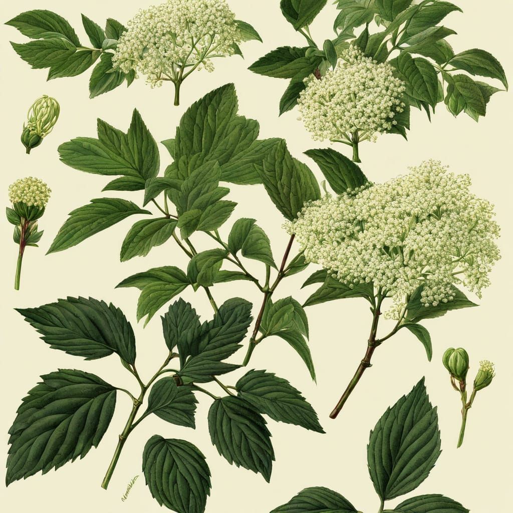 Majestic Dark Flowering Bush in a Whimsical Herbal Art Style