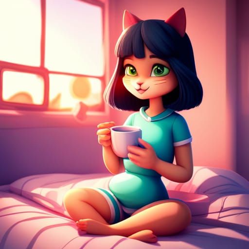 Catgirl Reading in Bed: Pixar-Style 3D Digital Art