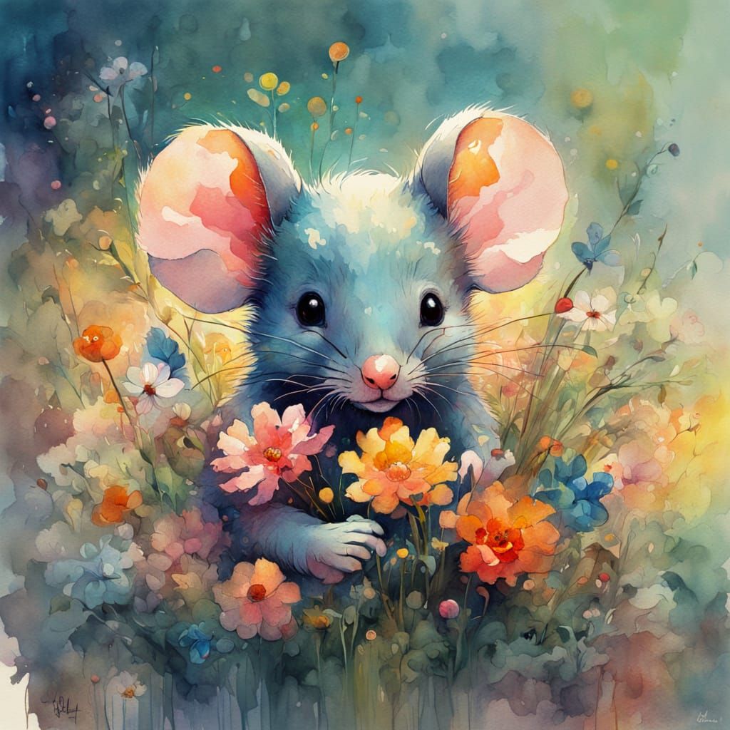 Shy Mouse Hiding in Flowers, Watercolour Fantasy