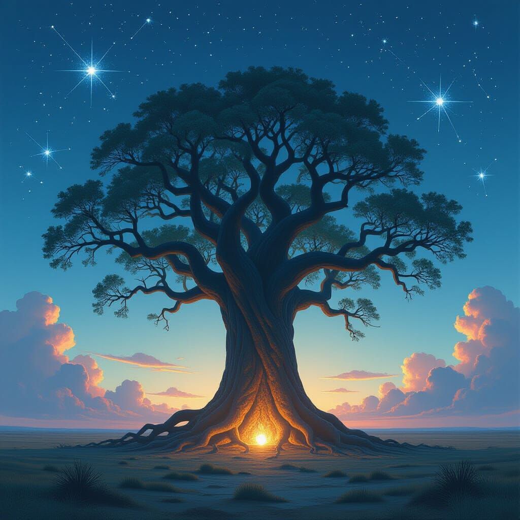 Ancient Tree Sentinel on Windswept Plain Under Strange Skies