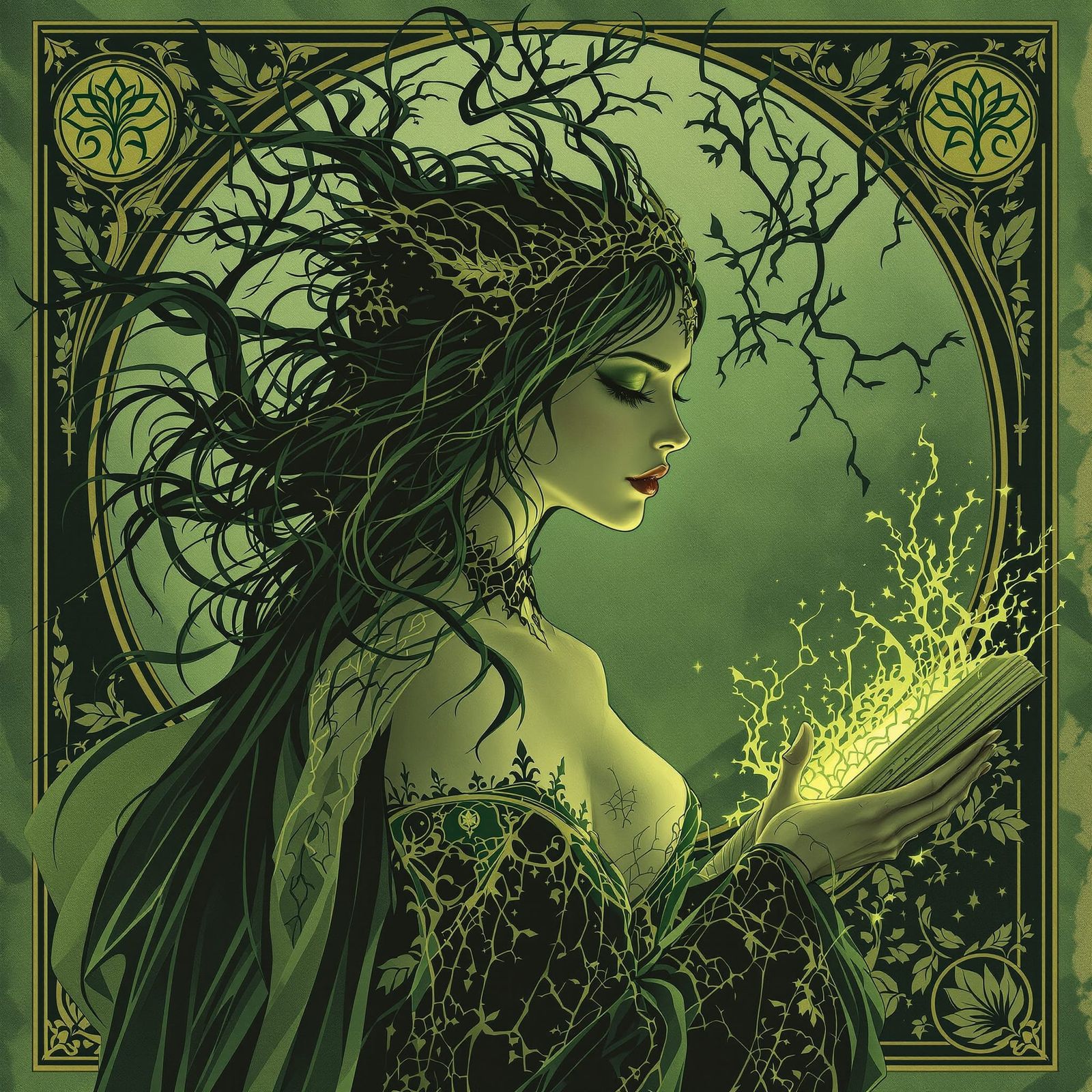Grimdark Art Nouveau Aesthetic in Deep Greens