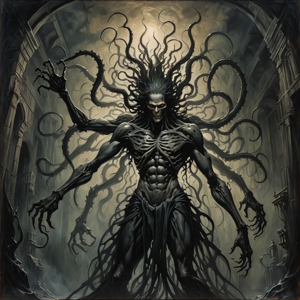 Eight-Armed Dark Fantasy Creature in Gothic Oil Painting