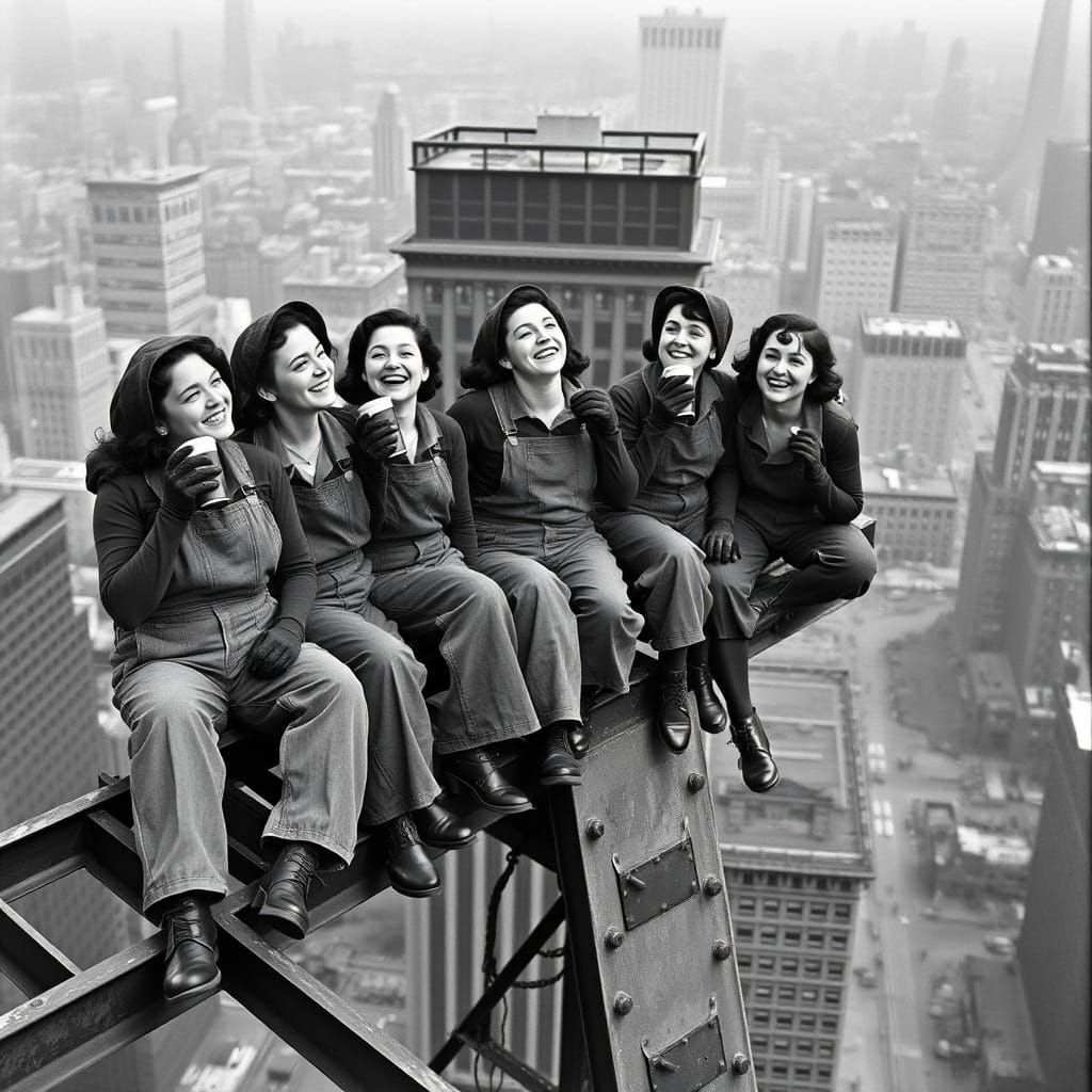 Female Riveters Above 1930s Chicago: Grayscale Film Still