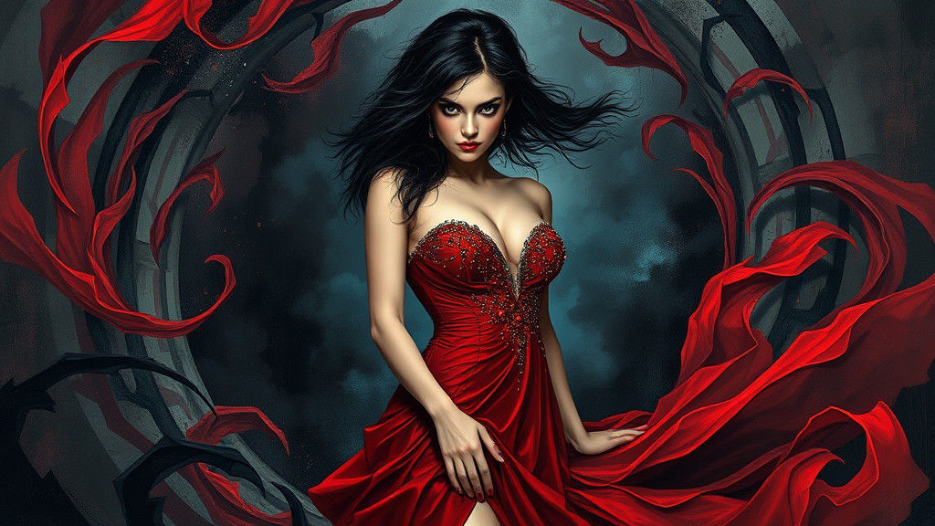 Mysterious Woman in Red Gown: Surreal Dreamscape