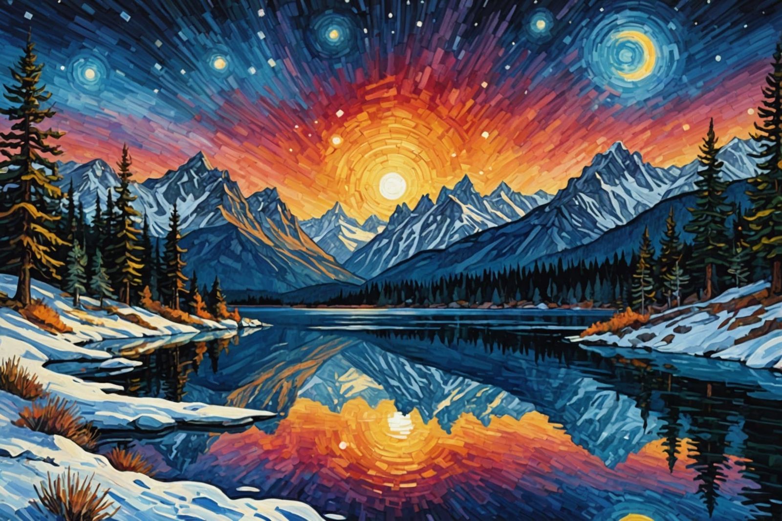 Winter Landscape: Watercolor Painting in Van Gogh Style