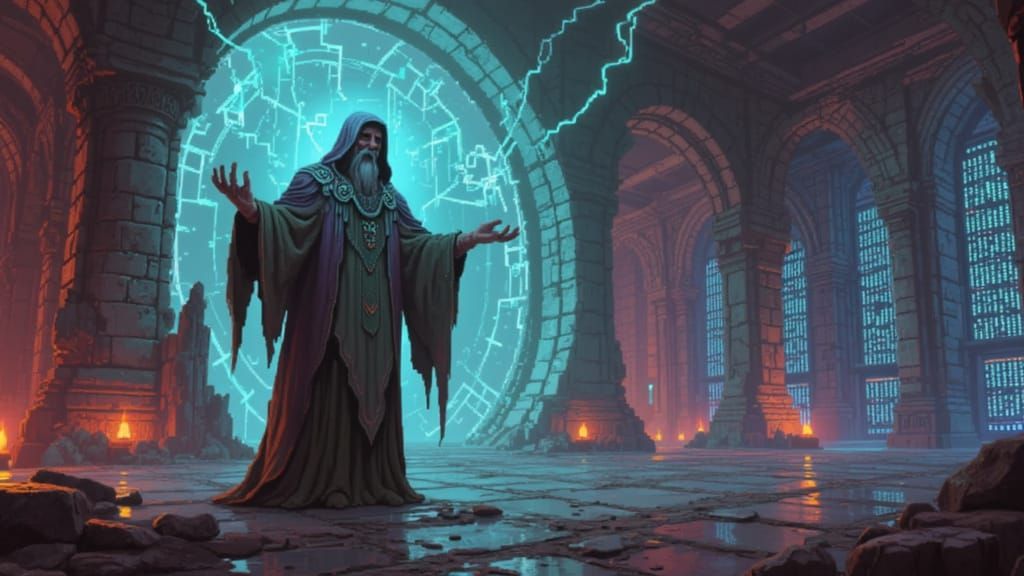 Ancient Wizard with Cybernetic Implants Casting Spell