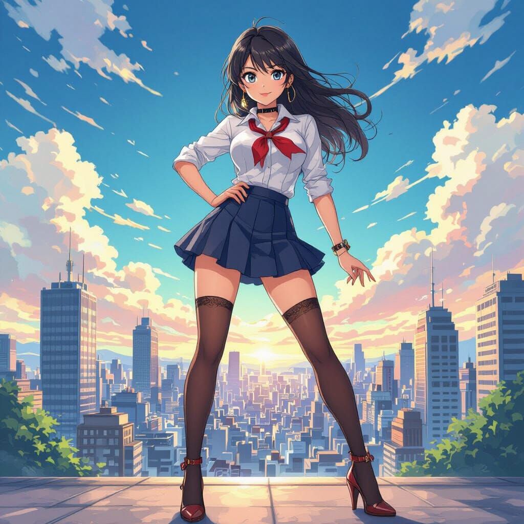 Anime Girl in Mini Skirt and Heels with Cityscape