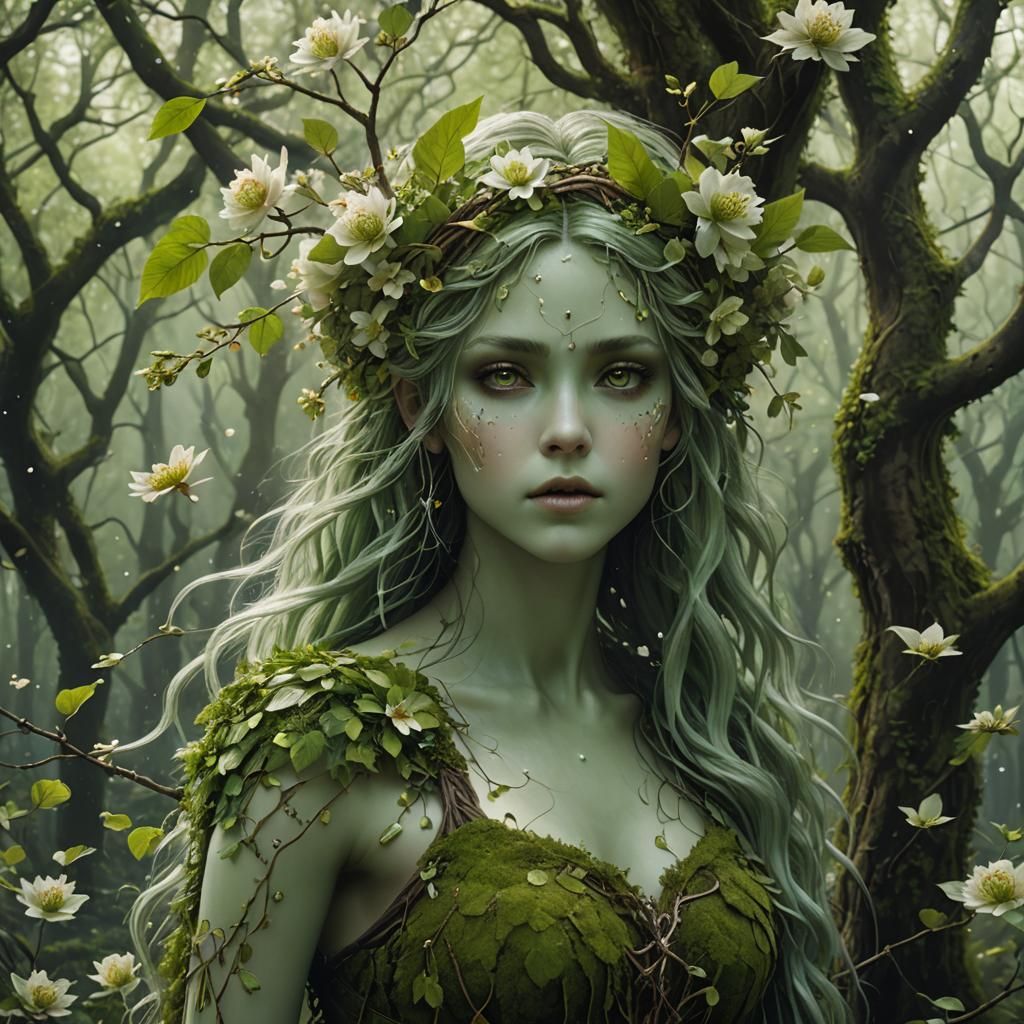 Enchanted Forest: Pale Green Dryad in Spring Paradise