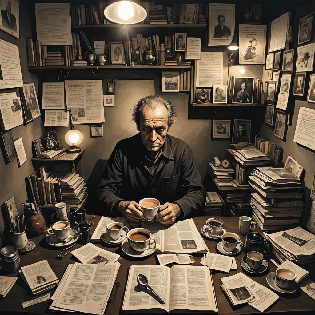 Solitary Figure with Coffee in Dark, Detailed Room