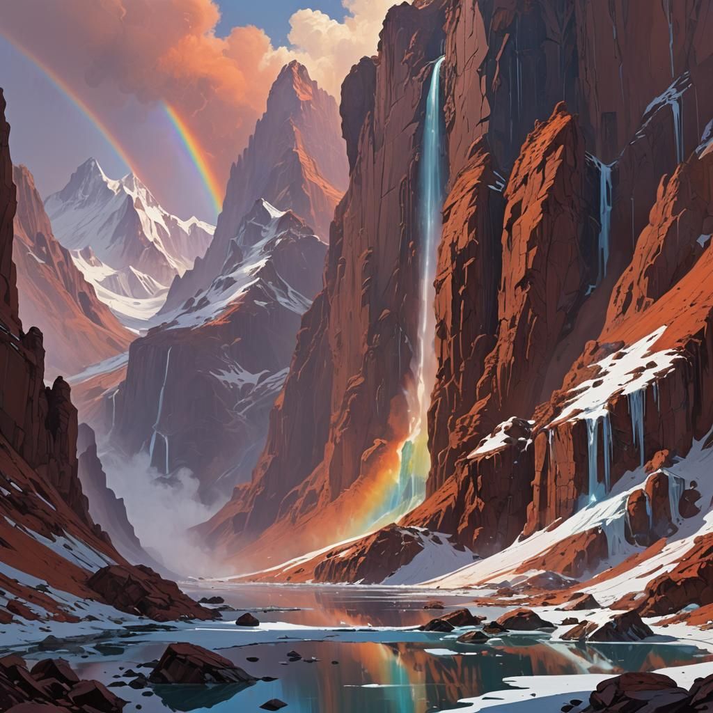 Martian Mountain Waterfall in Surrealist Style