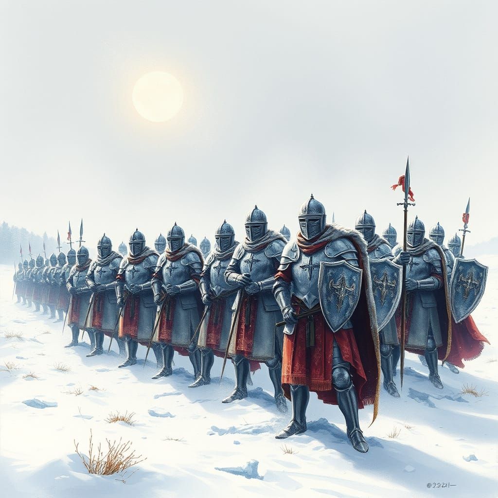 Knights in Frosty Sentinel, Gouache Watercolor Epic