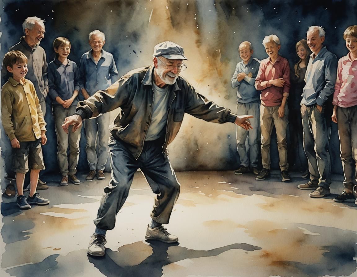 Old Man Breakdancing in Watercolour Style