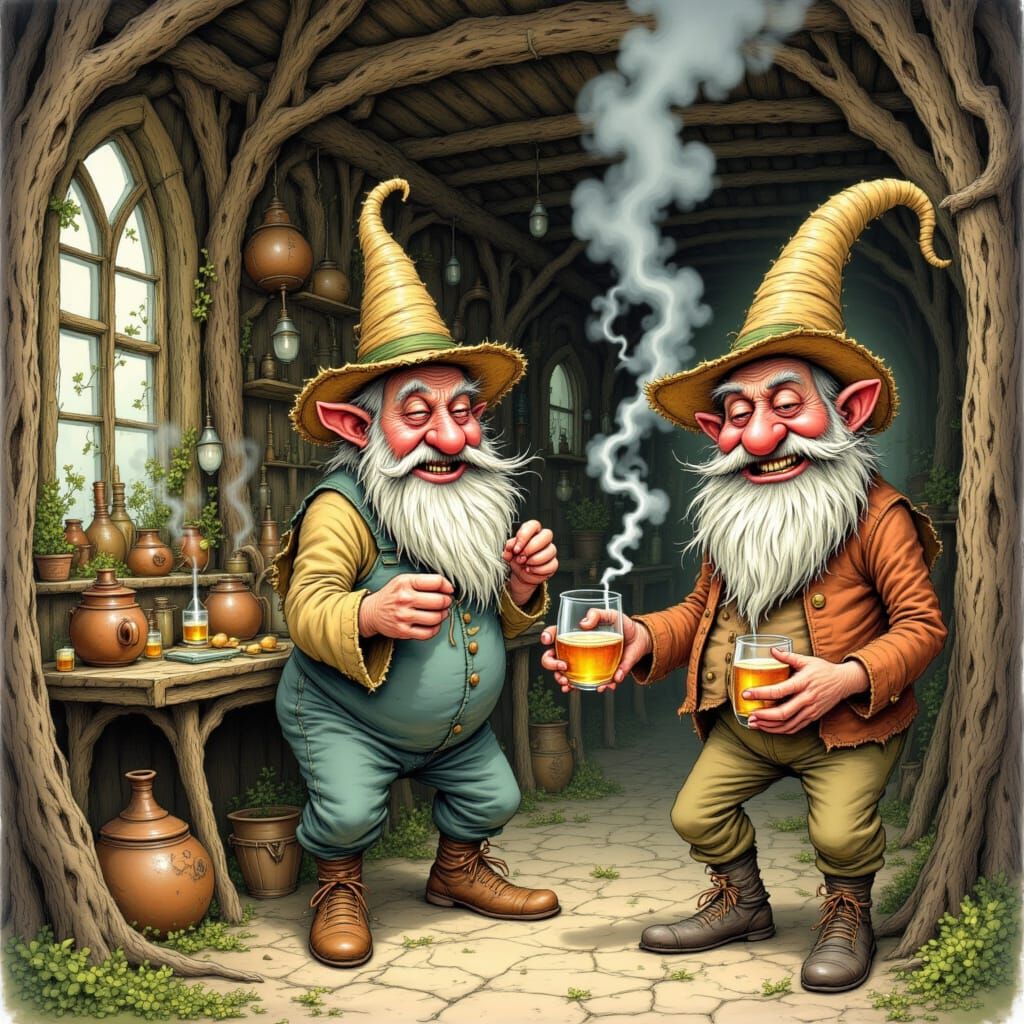 Gnomes Distilling Moonshine in Whimsical Caricature Style