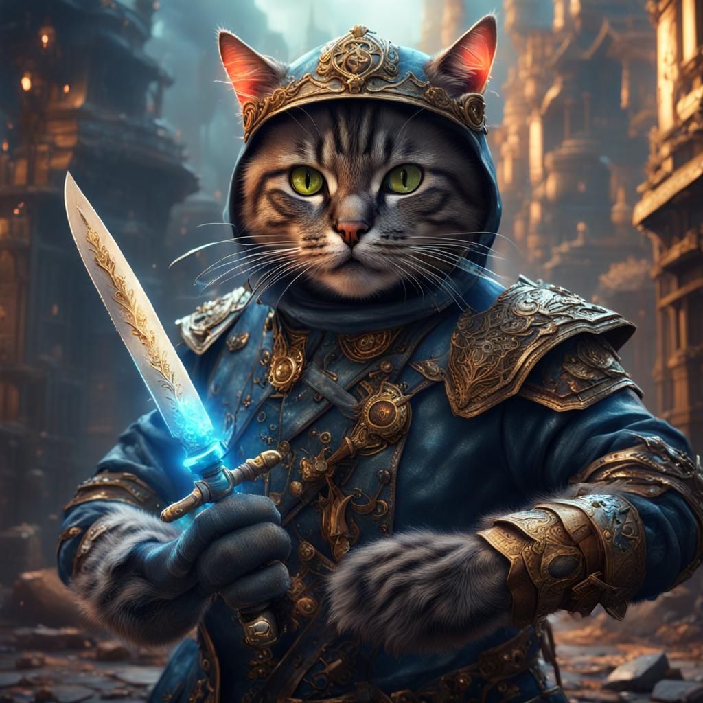 Cat with Knife and Mask: Detailed Matte Painting