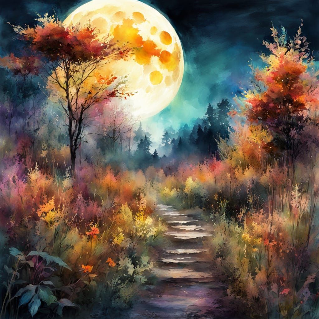 Autumn Glade with Full Moon in Watercolor Style