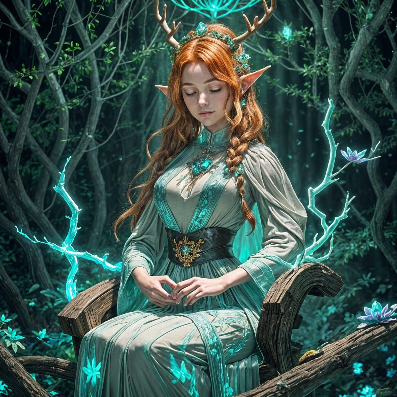 Serene Elf Druid Meditating in Ancient Forest