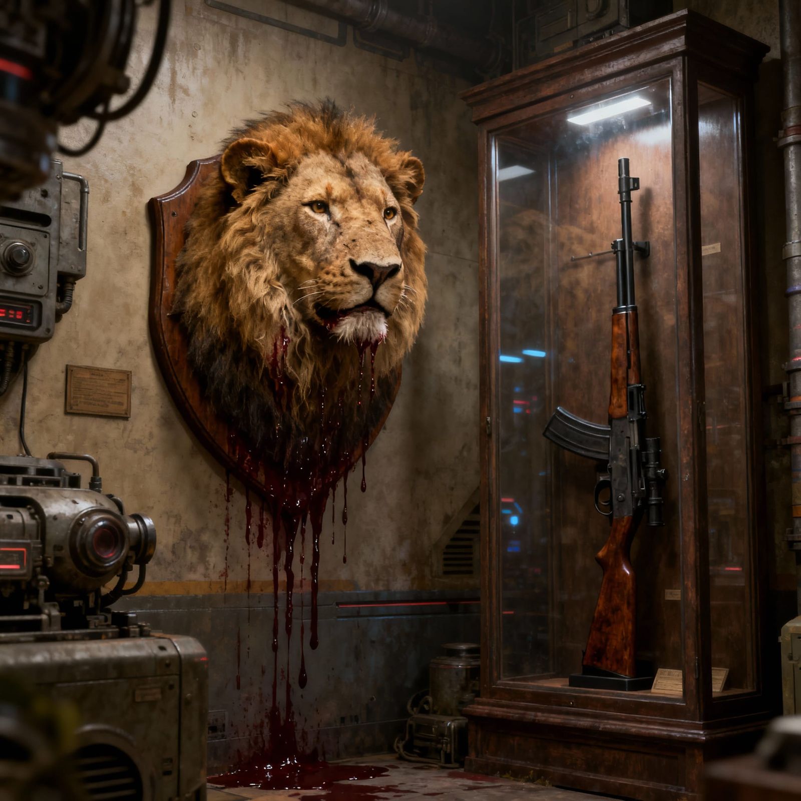 Stuffed Lion Head Oozing Blood in Vintage Study
