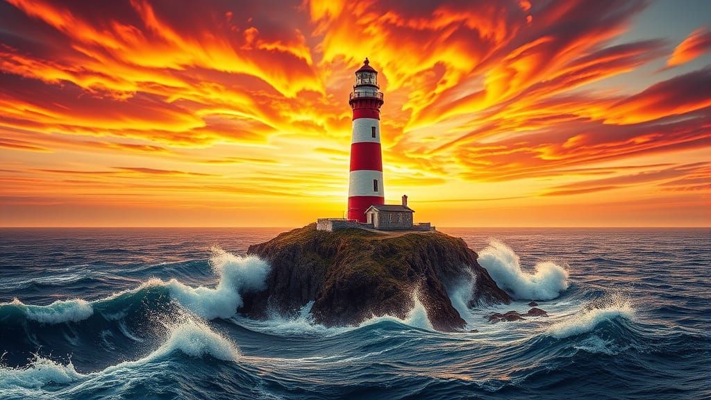 Majestic Red and White Lighthouse on Cliff Island at Sunset