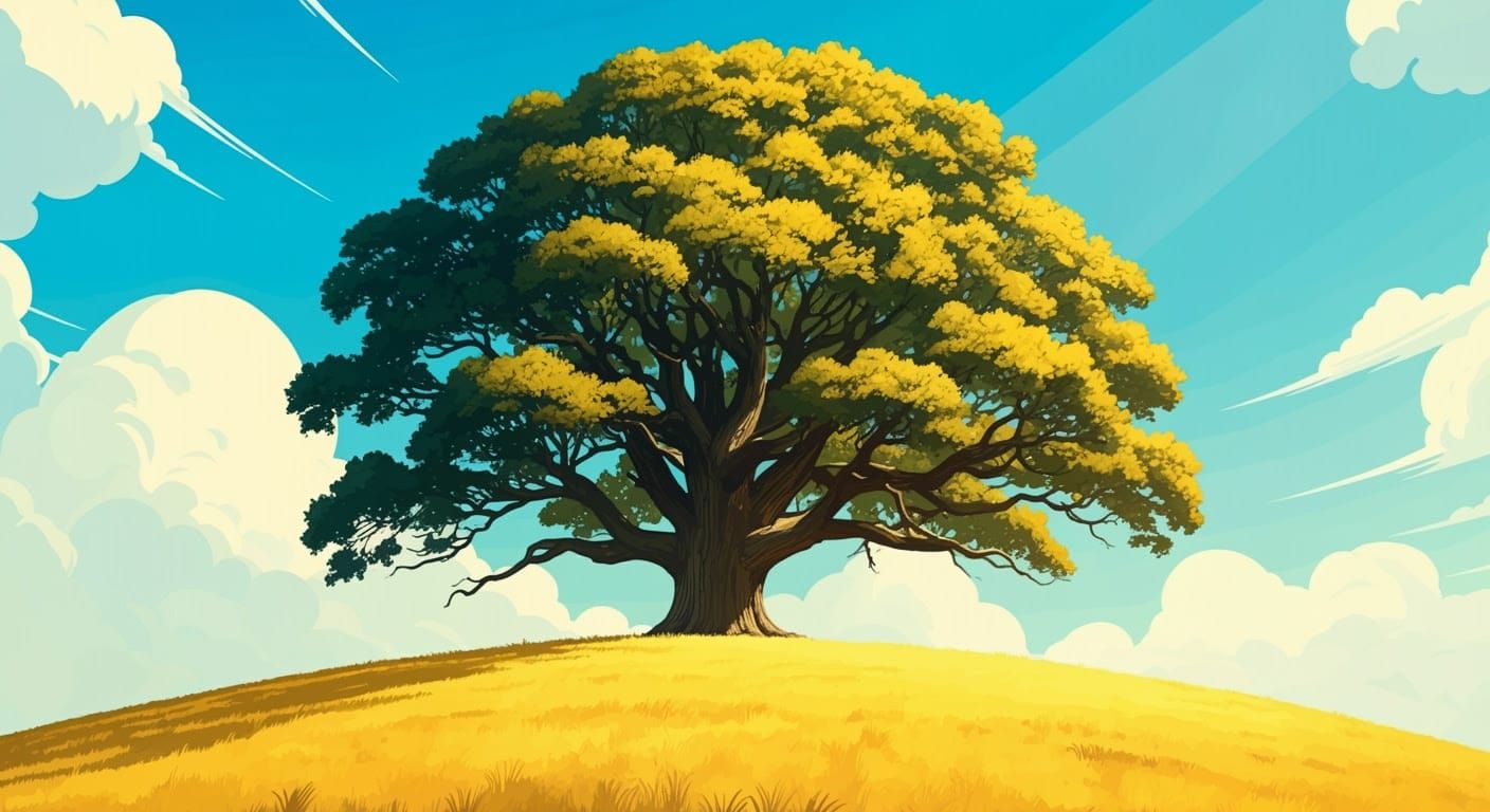 Epic Golden Hillside with Majestic Oak Tree in Comic Book St...