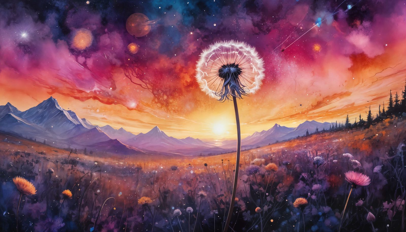 Golden Hour Dandelion Amidst Vibrant Galaxies