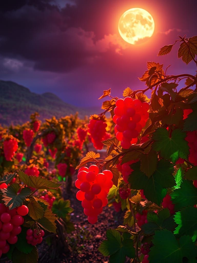 Glowing Cyberpunk Vineyard at Sunset
