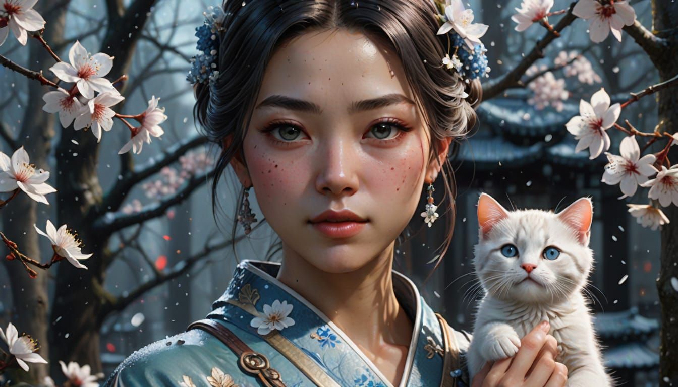 Japanese Girl Portrait with Flower in Hyperrealistic Style