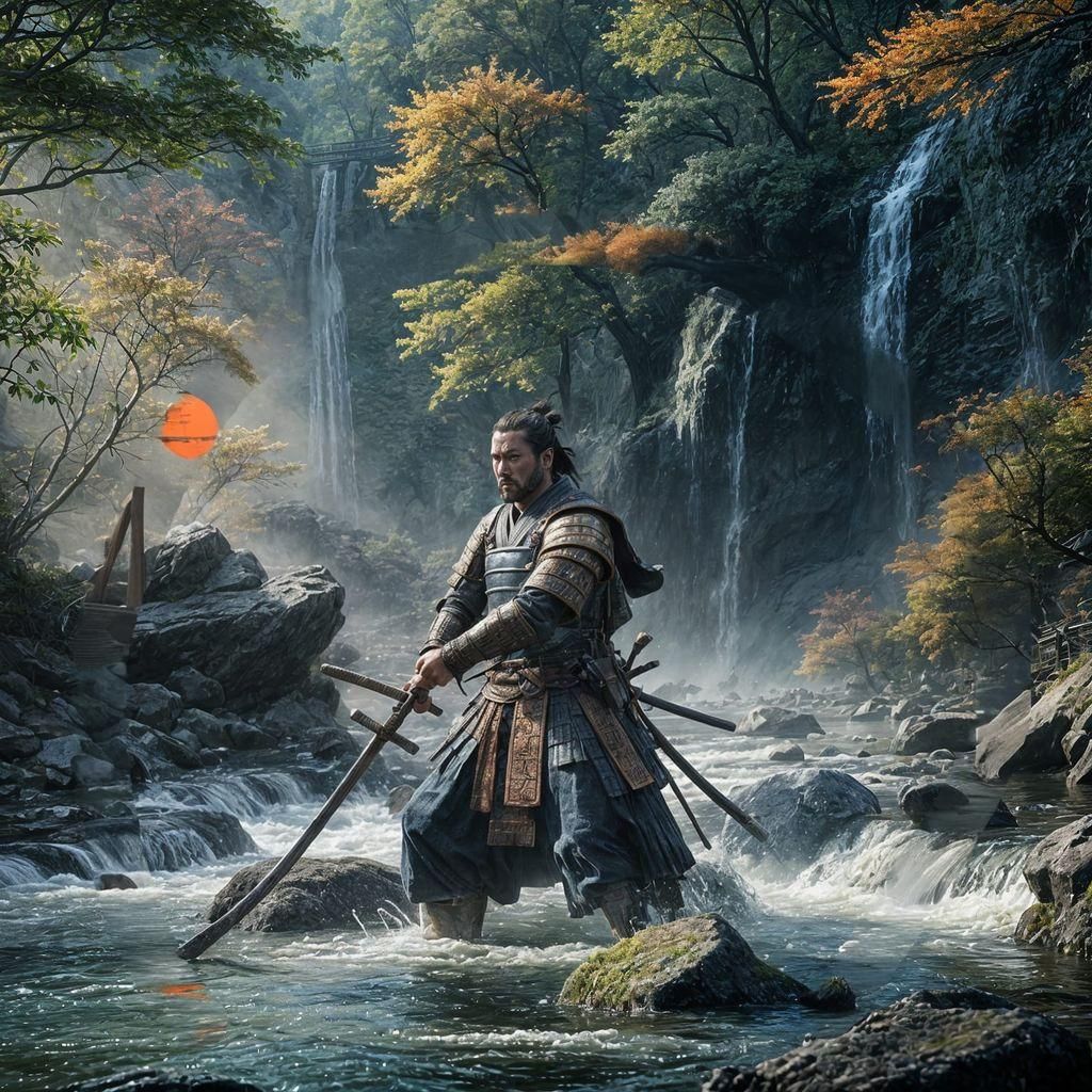 Samurai Cleans Sword after Massacre: Detailed Matte Painting