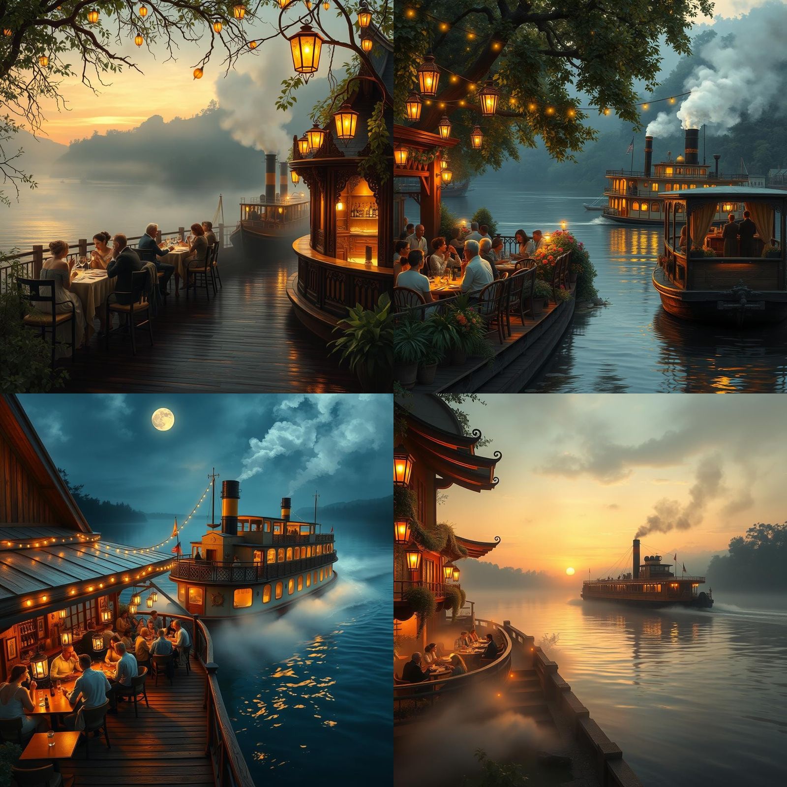 Riverside Restaurant Scene in Ethereal Fantasy Style