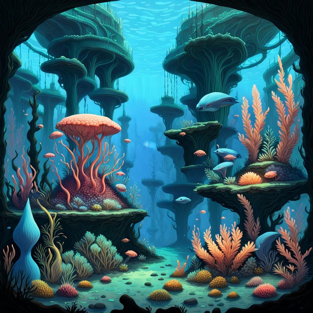 Bioluminescent Treasure Cove in an Underwater Realm