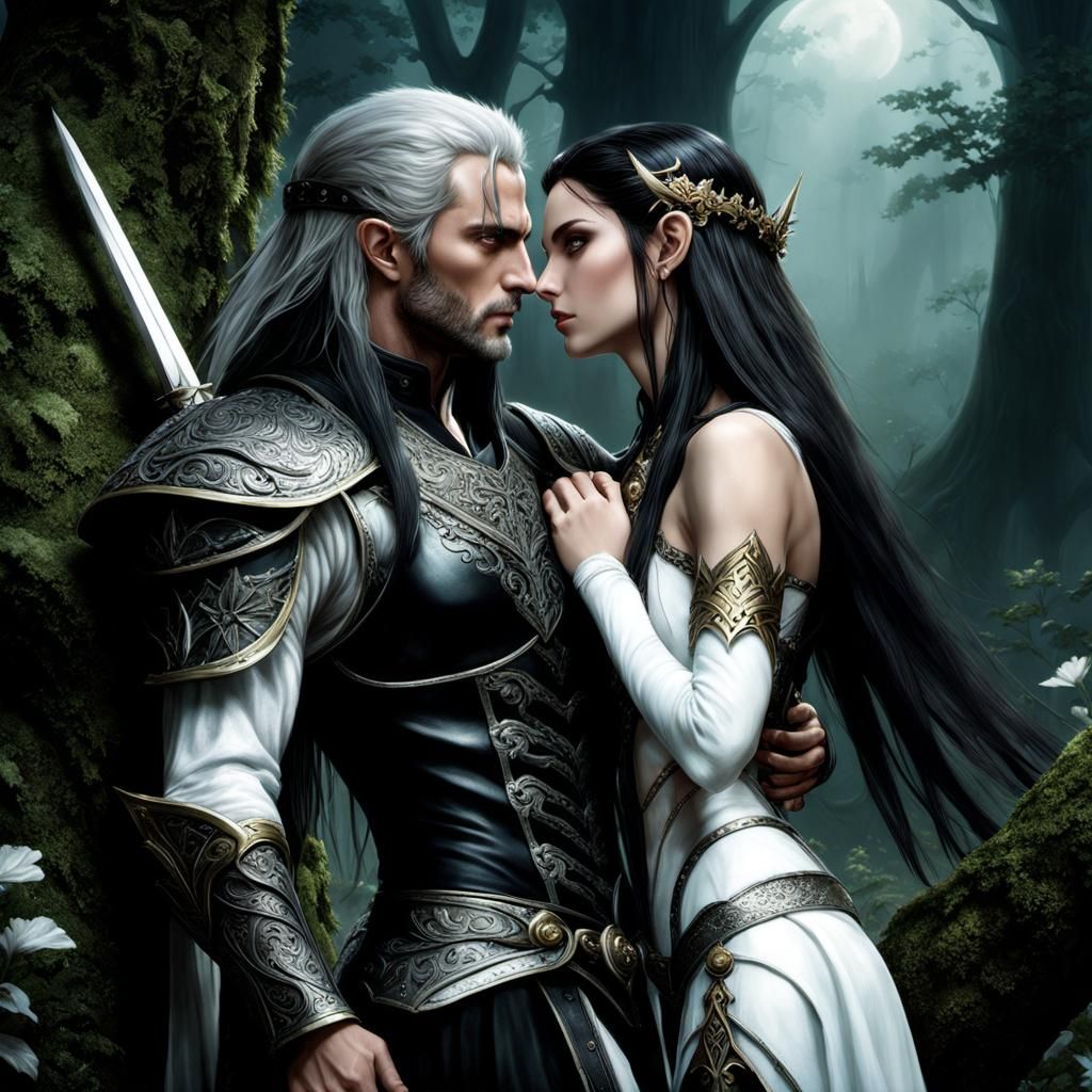 Elven Warriors Embrace in Moonlit Forest: Digital Illustrati...