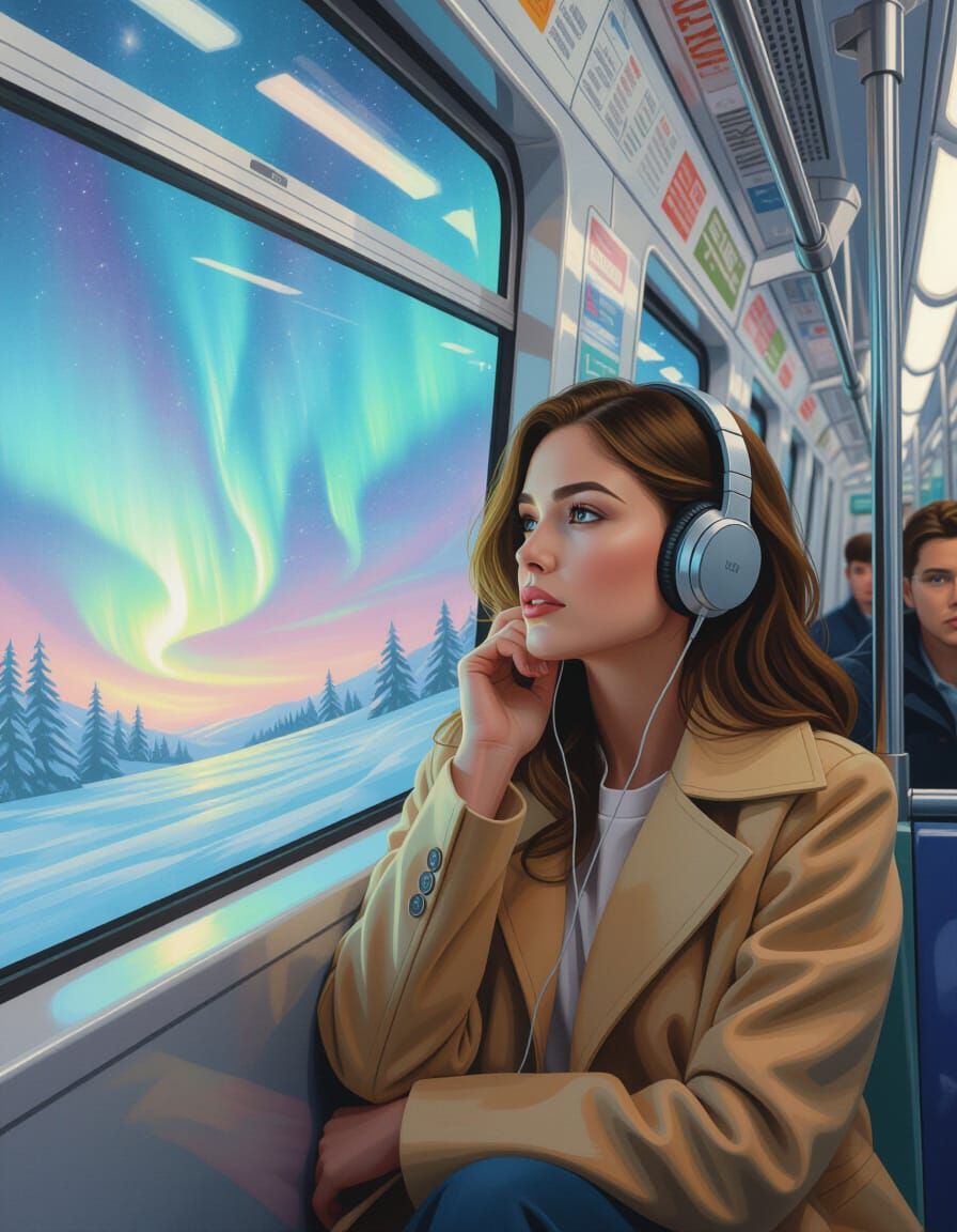 Subway Commute with Auroras: Digital Matte Painting