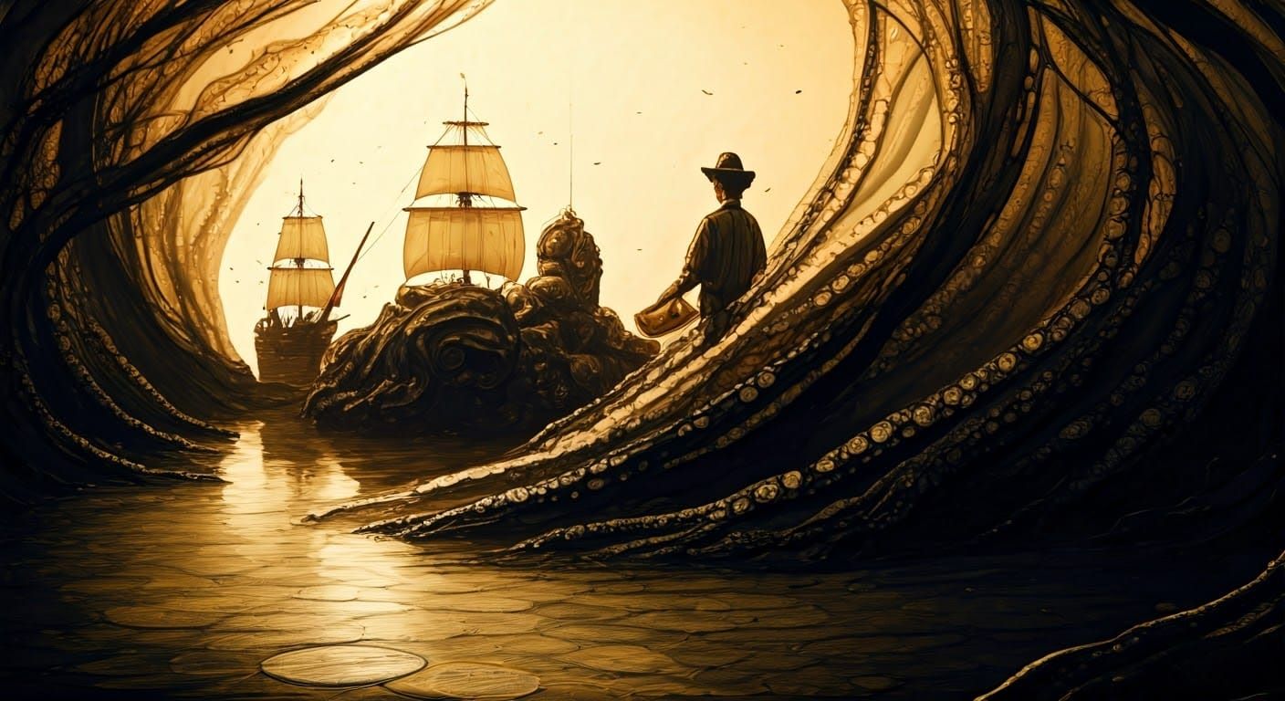 Galleon Versus Giant Squid in Impressionist Alcohol Ink