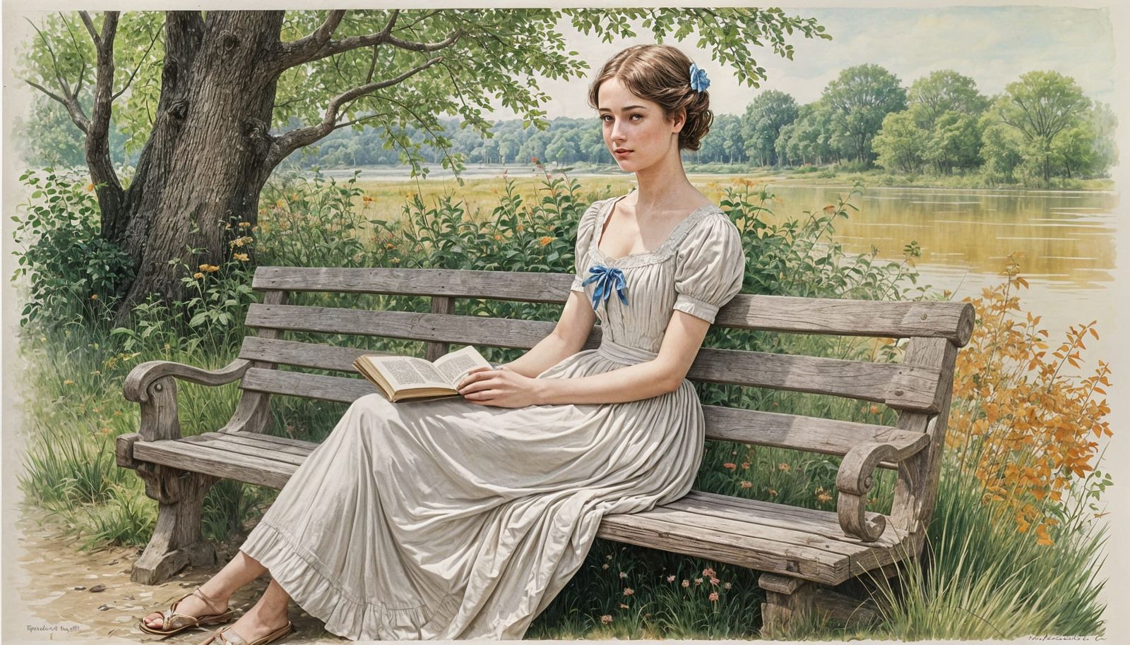 Woman Reading by River: Surreal Lithograph in Watercolor