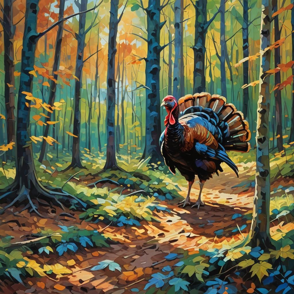 Turkey in Forest: An Abstract Expressionist Oil Painting