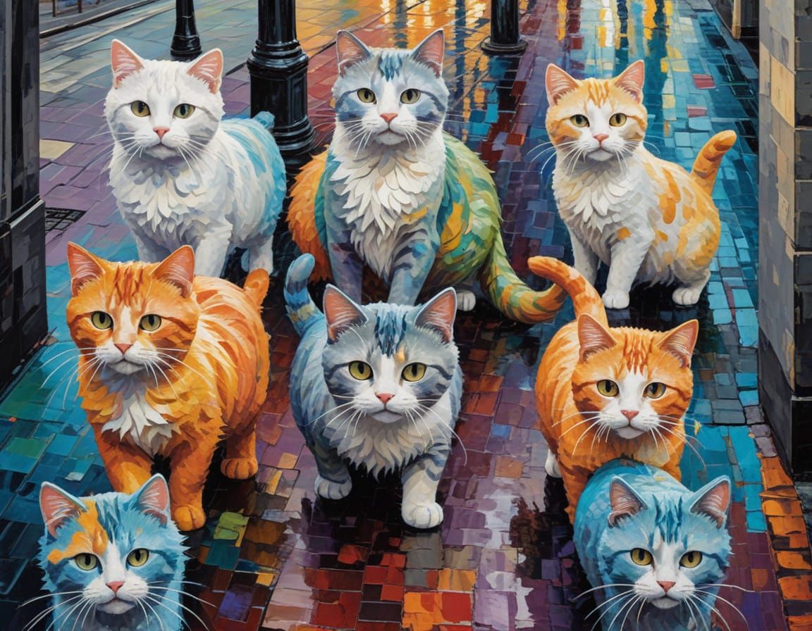 Vibrant Urban Feline Parade in Impasto Style
