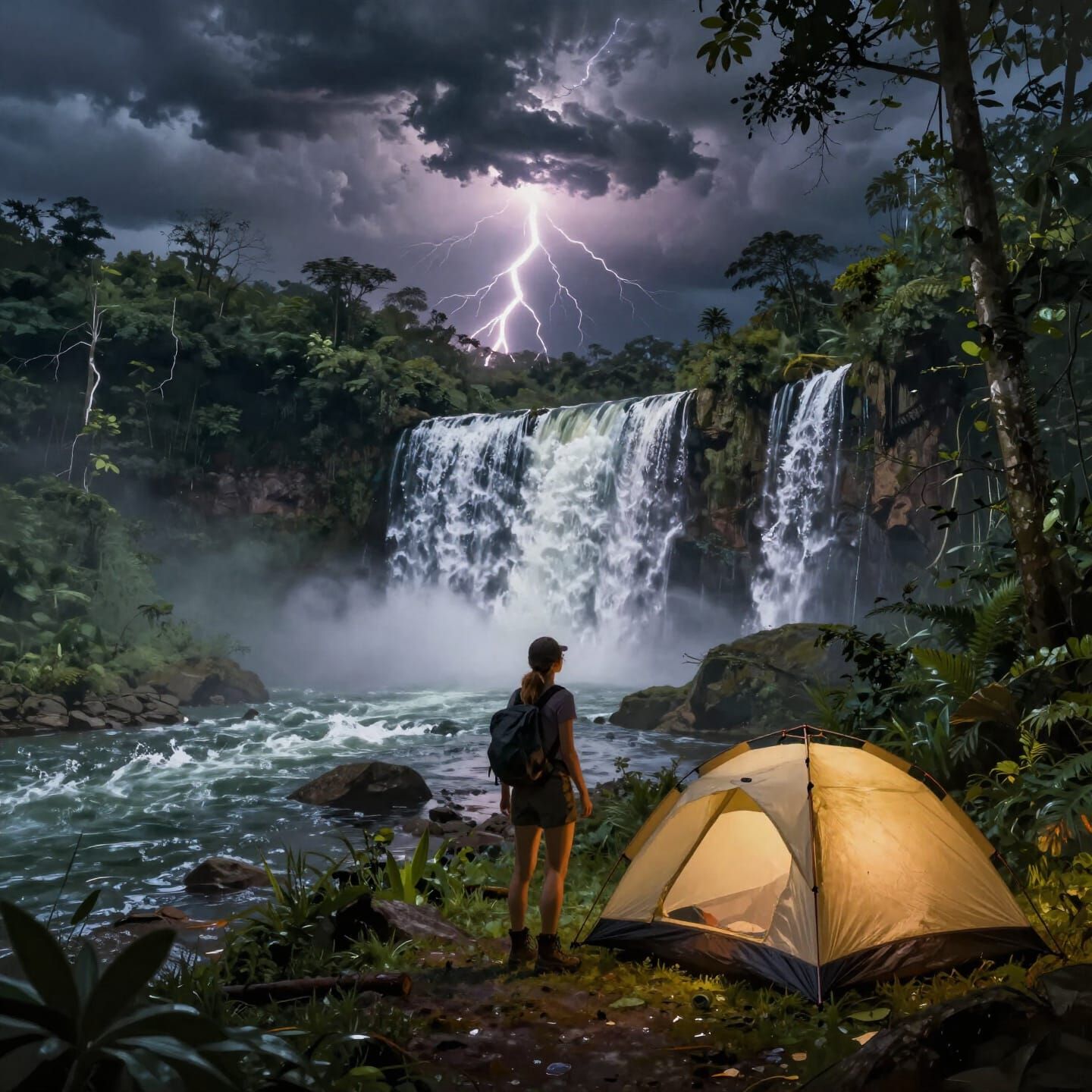 Woman Camps Under Stormy Amazon Waterfall in Digital Paintin...