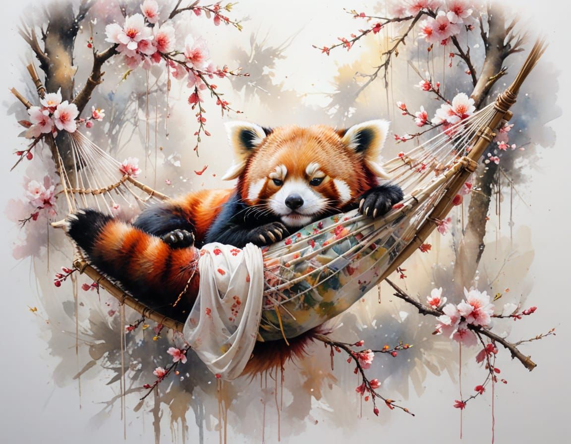 Red Panda Napping in Apple Tree Hammock in Golden Light