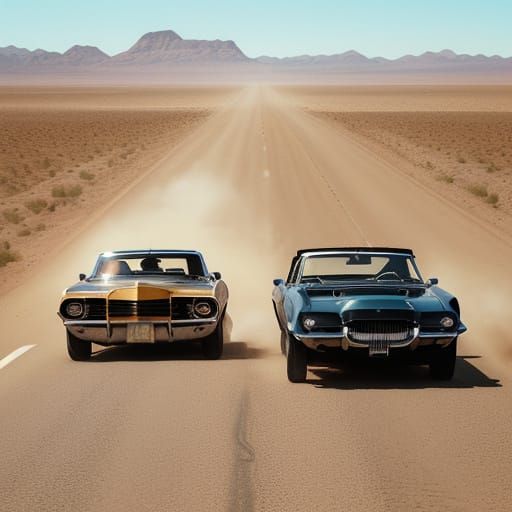 Muscle Car Races Wild Horses Across Desert Landscape