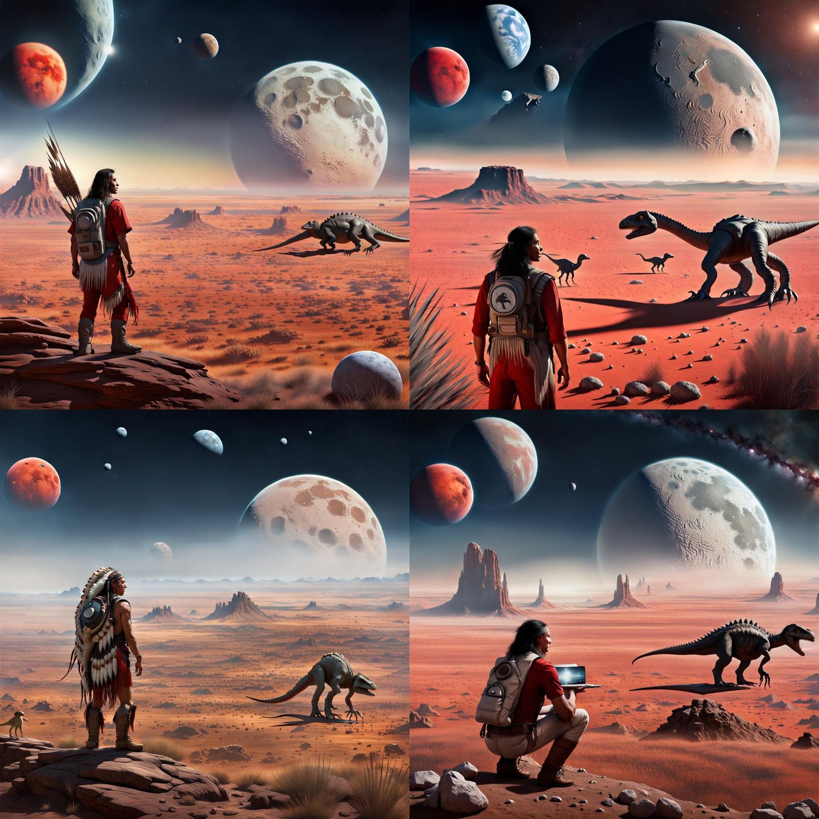 Native American and Dinosaurs on Prairie Matte Painting