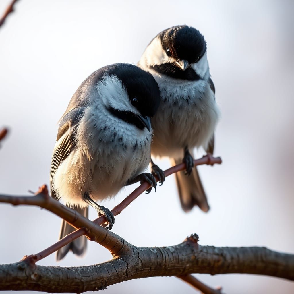 Chickadees Preening at Early Morning