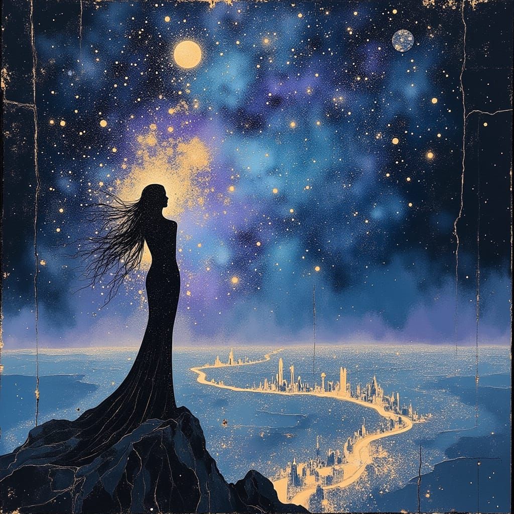 Starlit Hair Woman on Crystal Peak Over Futuristic City