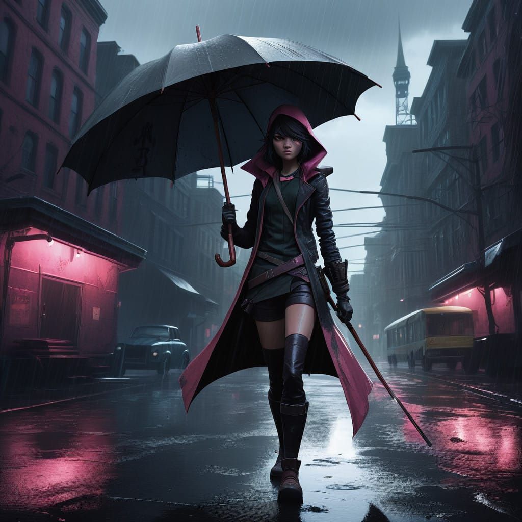 Mysterious Neo in Dark, Rainy Cityscape