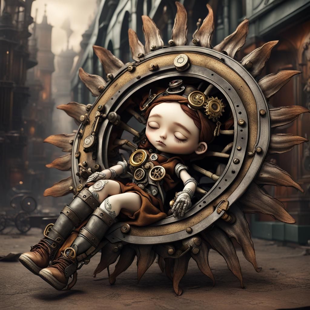 Steampunk Doll Asleep Under Metal Sunflower