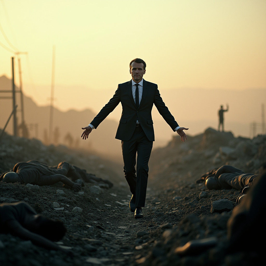 Macron in War-Torn Landscape: A Cinematic Vision