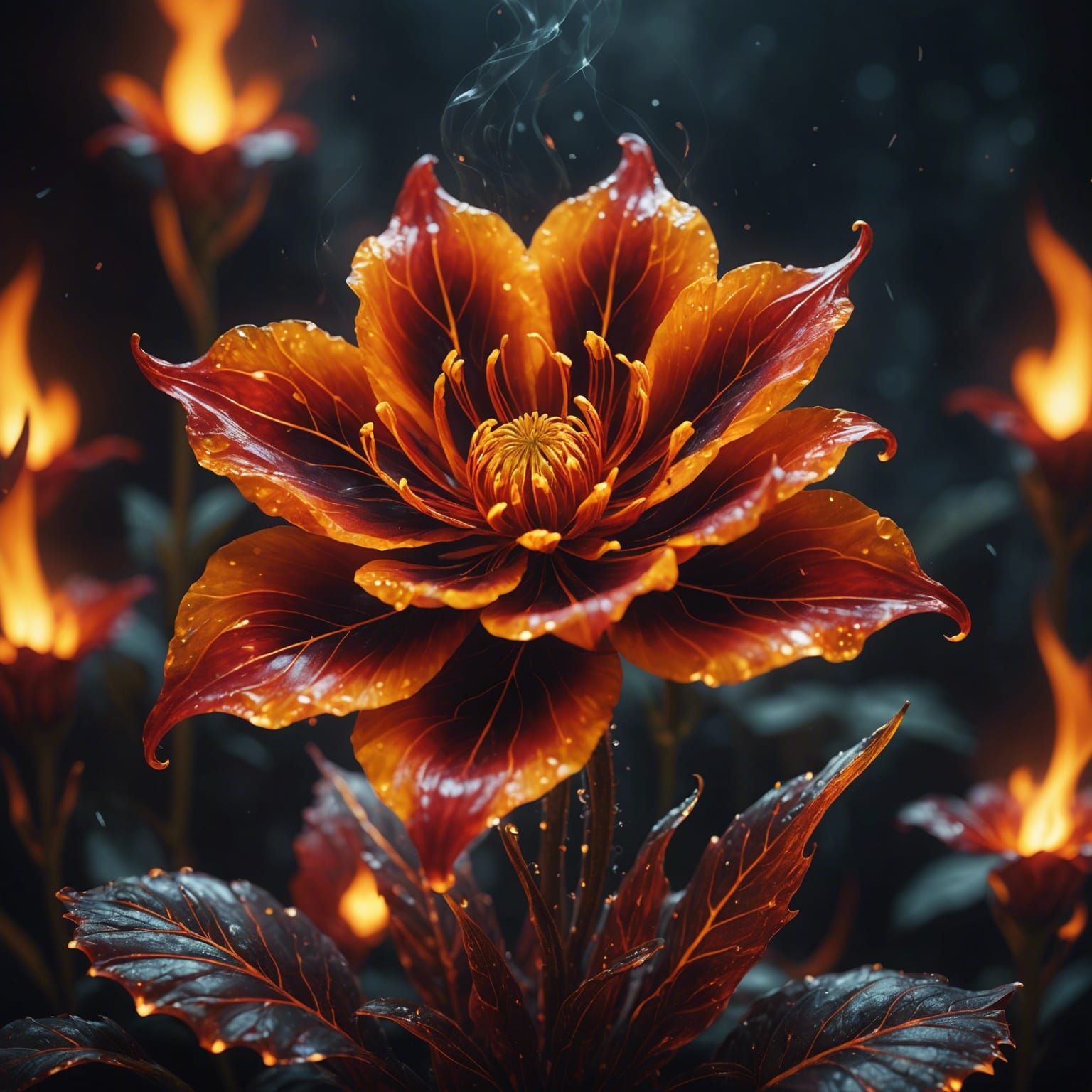 Surreal Flame Flower with Dew in Fantasy Art