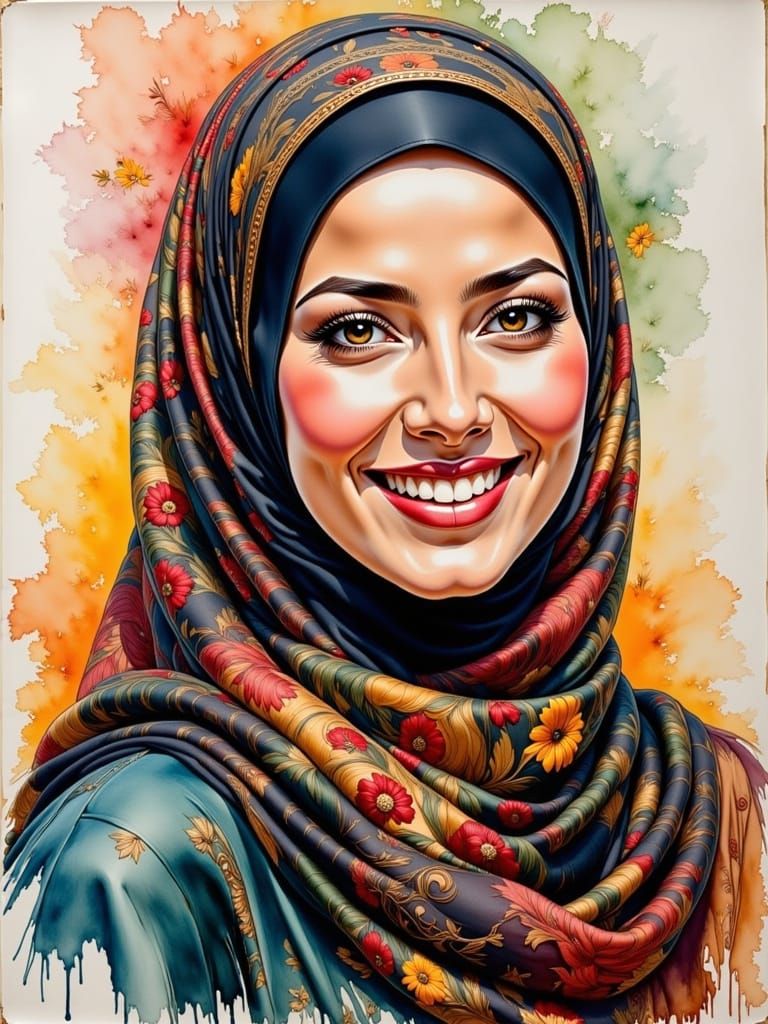 Beautiful Woman in Hijab Oil-Guache Melting Painting