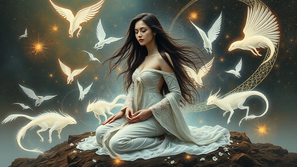 A Serene Figure Embodies Fortitude Amidst Mythical Creatures...