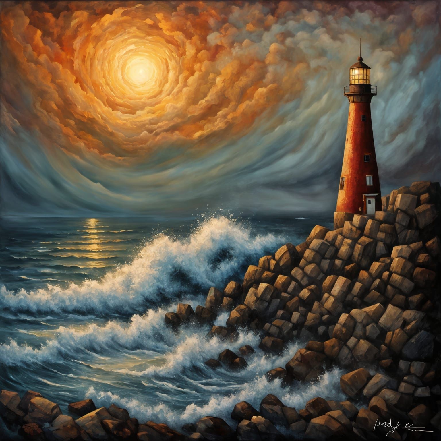 Lighthouse Sunset: An Impressionist Oil Painting