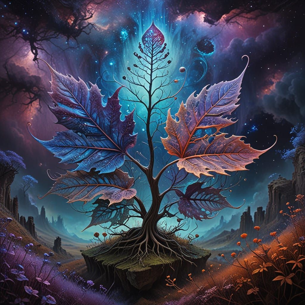 Cosmic Leaf in Iridescent Hues, Blending Nature and Universe