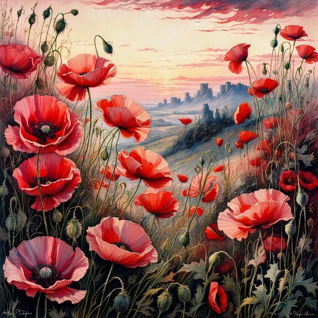 Romantic Poppies in Mysterious Evening Light